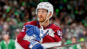 Colorado Avalanche left wing Gabriel Landeskog skates during a media timeout during the second period of Game 5 of a first-round NHL hockey playoff series against the Dallas Stars in Dallas, Monday, April 28, 2025. (Gareth Patterson/AP)