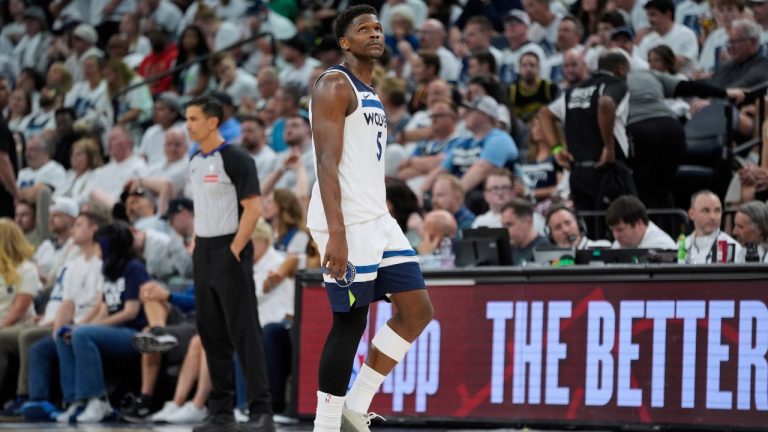 Minnesota Timberwolves guard Anthony Edwards (5) walks across the court during the second half of Game 1 of an NBA basketball second-round playoff series against the Golden State Warriors, Tuesday, May 6, 2025, in Minneapolis. (Abbie Parr/AP)