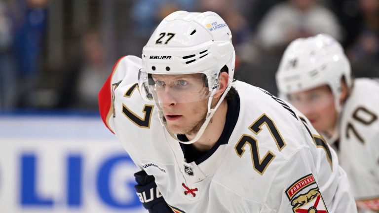 Florida Panthers' Eetu Luostarinen (27) looks on during a face off against the St. Louis Blues during the second period of an NHL hockey game Thursday, Feb. 6, 2025, in St. Louis. (Connor Hamilton/AP)