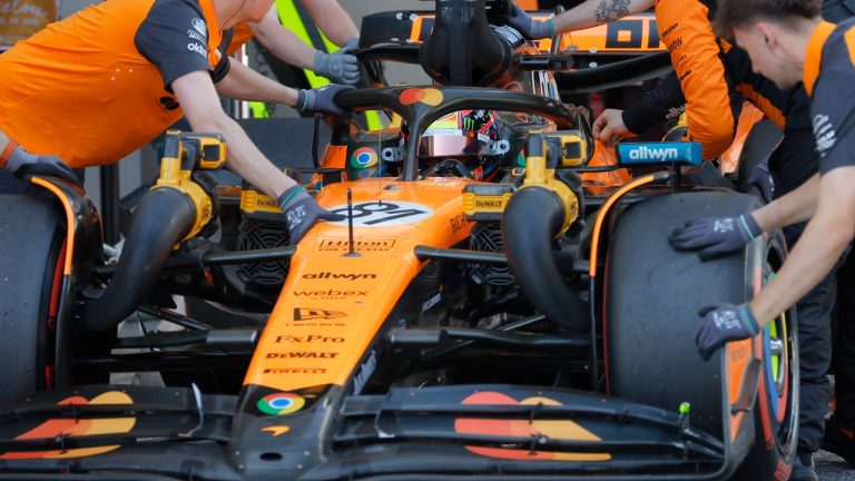 McLaren driver Oscar Piastri of Australia gets pushed back into his garage during the qualifying session ahead of the Spanish Grand Prix Formula One race at the Barcelona Catalunya racetrack in Montmelo, near Barcelona, Spain, Saturday, May 31, 2025. (Juan Medina/Pool Photo via AP)