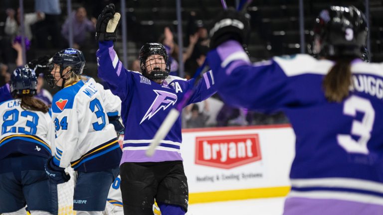 Minnesota Frost forward Kelly Pannek (12) celebrates scoring to tie the game during the second period of Game 4 of the Walter Cup hockey playoff game at the Xcel Energy Center in St. Paul, Minn., Wednesday, May 14, 2025. (Renée Jones Schneider/Star Tribune via AP)