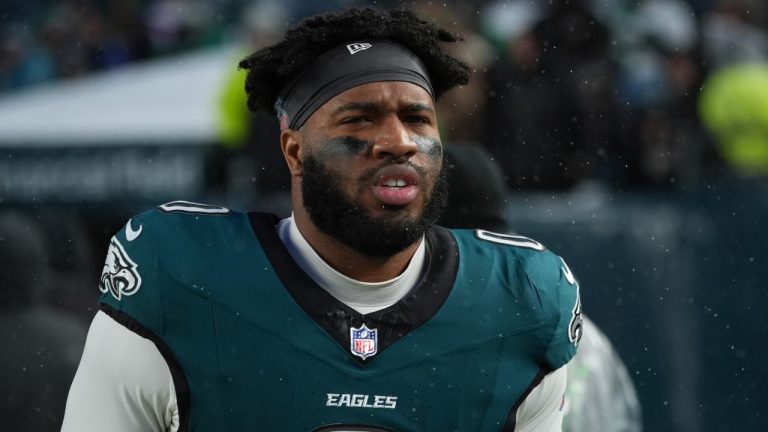 Philadelphia Eagles' Bryce Huff walks to the field during an NFL football NFC divisional playoff game between the Philadelphia Eagles and the Los Angeles, Rams Sunday, Jan. 19, 2025, in Philadelphia. (AP Photo/Matt Slocum)