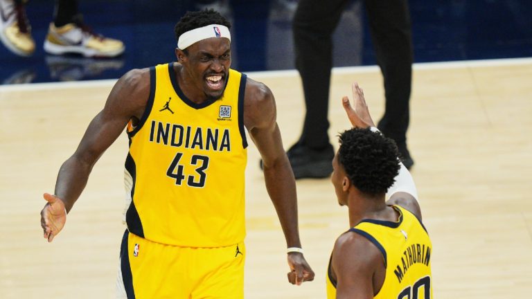 Indiana Pacers forward Pascal Siakam (43) and guard Bennedict Mathurin (00) celebrate during the second half of Game 4 of the Eastern Conference finals of the NBA basketball playoffs against the New York Knicks in Indianapolis, Tuesday, May 27, 2025. (AJ Mast/AP)