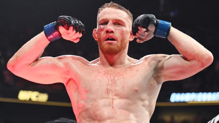 Jack Della Maddalena reacts following his UFC 315 mixed martial arts welterweight title bout win against Belal Muhammad in Montreal. (Graham Hughes/CP)