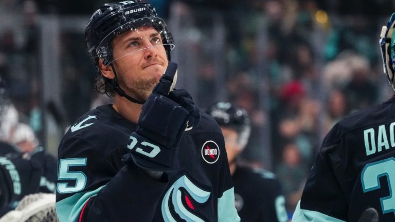Seattle Kraken centre John Hayden reacts to scoring against the Buffalo Sabres during the first period of an NHL game Monday, Jan. 20, 2025, in Seattle. (AP/Lindsey Wasson)