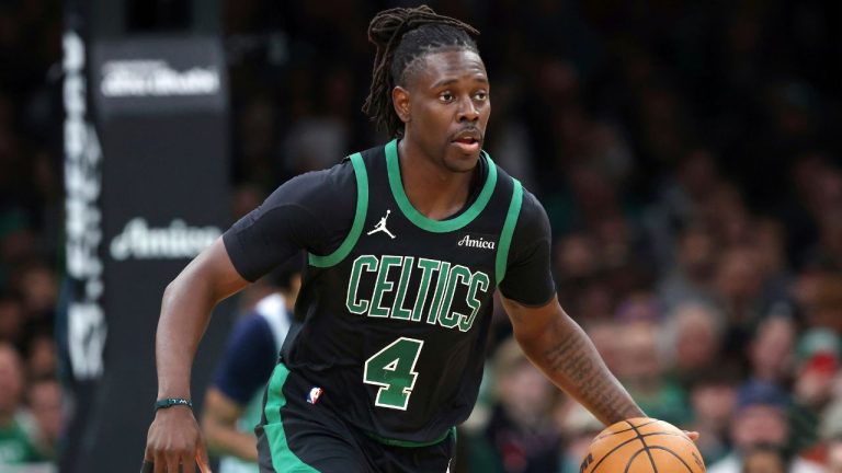 Boston Celtics' Jrue Holiday plays against the Washington Wizards during first half of an NBA basketball game Sunday, April 6, 2025, in Boston. (Michael Dwyer/AP)