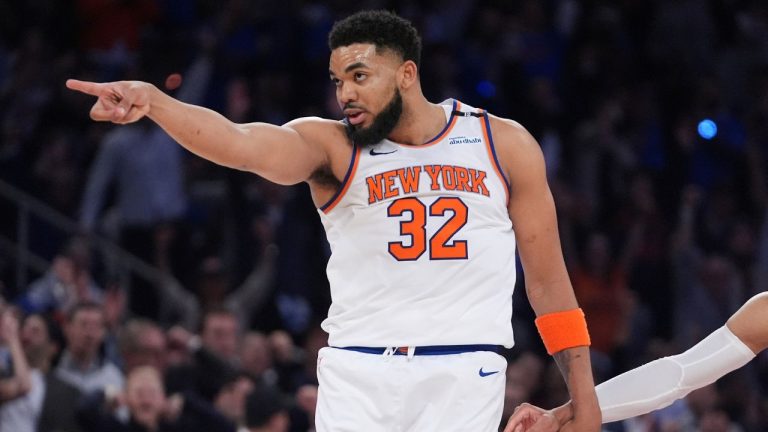 New York Knicks centre Karl-Anthony Towns (32) reacts during the fourth quarter of Game 1 of the NBA basketball Eastern Conference final against the Indiana Pacers, Wednesday, May 21, 2025, in New York. (Frank Franklin II/AP)