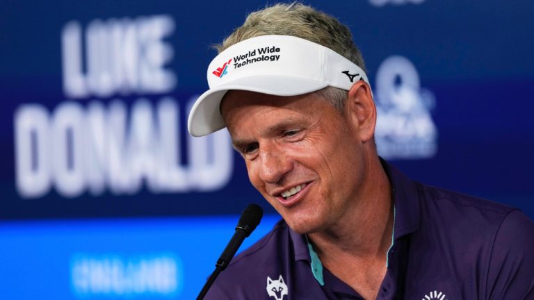 Luke Donald, of England, speaks during a news conference at the PGA Championship golf tournament at the Quail Hollow Club, Wednesday, May 14, 2025, in Charlotte, N.C. (Matt York/AP Photo)