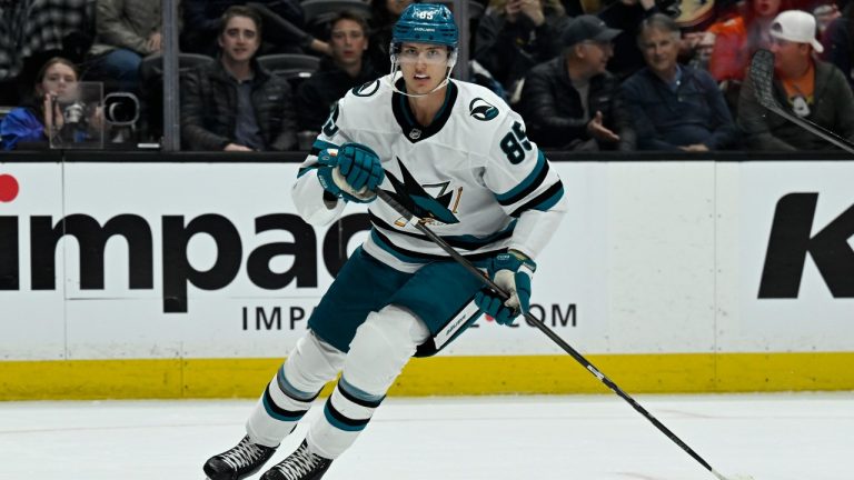 San Jose Sharks defenceman Shakir Mukhamadullin (85) skates against the Anaheim Ducks during the second period of an NHL hockey game in Anaheim, Calif., Tuesday, April 1, 2025. (Alex Gallardo/AP)
