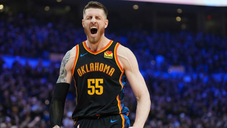 Oklahoma City Thunder's Isaiah Hartenstein (55) celebrates after a basket in the first half of Game 2 in the conference semifinals of the NBA basketball playoffs against the Denver Nuggets, Wednesday, May 7, 2025, in Oklahoma City. (Kyle Phillips/AP)