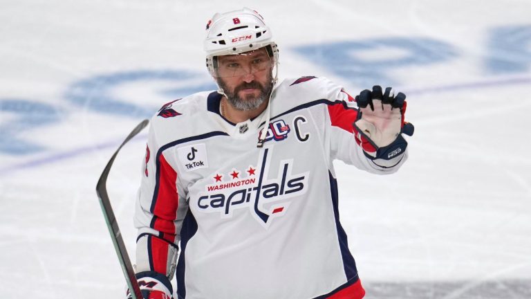 Washington Capitals' Alex Ovechkin acknowledges fans during a tribute video during a first period timeout of an NHL hockey game against the Pittsburgh Penguins in Pittsburgh, Thursday, April 17, 2025. (Gene J. Puskar/AP)