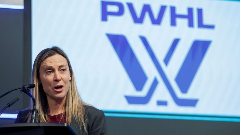Jayna Hefford, PWHL's senior vice president of hockey operations speaks ahead of the PWHL Toronto team opening the Toronto Stock Exchange in Toronto, Friday, Jan. 12, 2024. (Cole Burston/CP)
