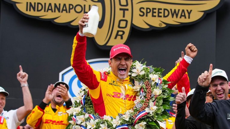Alex Palou, of Spain, celebrates after winning the Indianapolis 500 auto race at Indianapolis Motor Speedway in Indianapolis, Sunday, May 25, 2025. (Michael Conroy/AP)