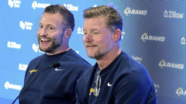 Los Angeles Rams head coach Sean McVay and general manager Les Snead answer questions at a press conference at Fire Station 114/Air Operations watch during the NFL draft Thursday, April 24, 2025, in the Van Nuys section of Los Angeles. (AP/Wally Skalij)