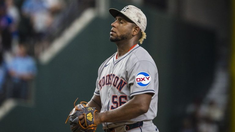 Houston Astros' Ronel Blanco pitches during the fifth inning of a baseball game against the Texas Rangers, Saturday, May 17, 2025, in Arlington, Texas. (Jessica Tobias/AP)