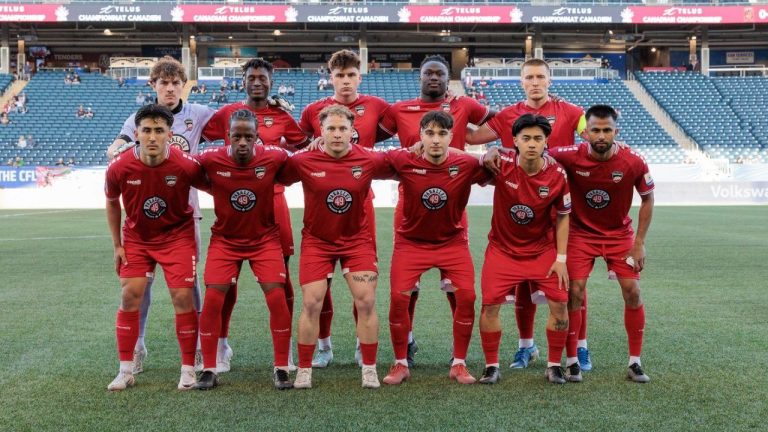 The semi-pro TSS Rovers, champions of League 1 B.C., pose prior to Canadian Championship preliminary-round soccer action against Valour FC in Winnipeg in this Wednesday, May 7, 2025 handout photo. (HO, Canadian Premier League, SMARTCLICKS/CP)