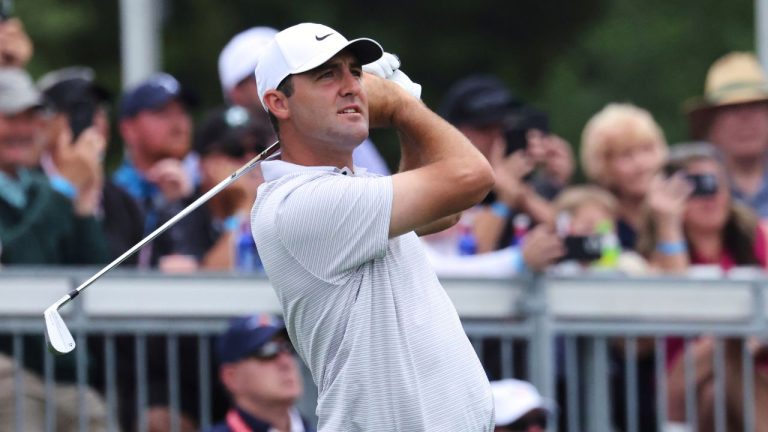 Scottie Scheffler hits off the seventh tee during the first round of the CJ Cup Byron Nelson golf tournament in McKinney, Texas, Thursday, May 1, 2025. (Gareth Patterson/AP)