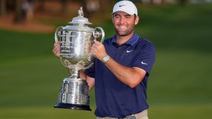Scottie Scheffler holds the Wanamaker trophy after winning the PGA Championship golf tournament at the Quail Hollow Club, Sunday, May 18, 2025, in Charlotte, N.C. (David J. Phillip/AP)