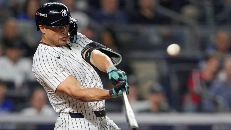 New York Yankees' Giancarlo Stanton hits a home run against the Los Angeles Dodgers during the third inning in Game 5 of the baseball World Series, Wednesday, Oct. 30, 2024, in New York. (Godofredo A. Vásquez/AP)