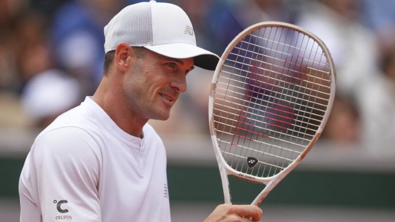 Tommy Paul of the U.S. reacts as he plays Denmark's Elmer Moller during their first round match of the French Tennis Open at the Roland Garros stadium, in Paris, Sunday, May 25, 2025. (Lindsey Wasson/AP)
