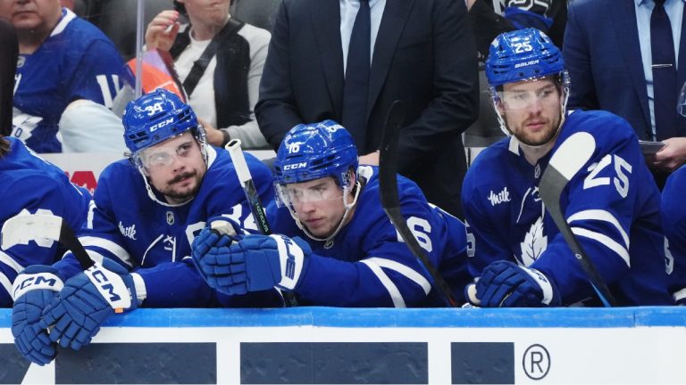 Toronto Maple Leafs head coach Craig Berube stand on the bench during third period NHL playoff hockey action against the Florida Panthers in Toronto on Wednesday, May 14, 2025. (Nathan Denette/CP)