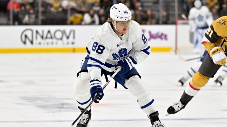 Toronto Maple Leafs right wing William Nylander (88) skates with the puck against the Vegas Golden Knights during the first period of an NHL hockey game Wednesday, March 5, 2025, in Las Vegas. (David Becker/AP)