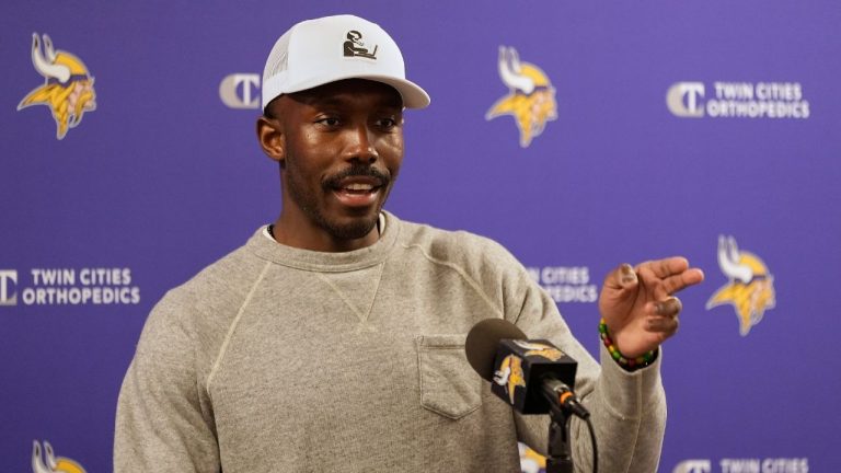 Minnesota Vikings general manager Kwesi Adofo-Mensah answers questions during a press conference Thursday, April 17, 2025, in Eagan, Minn. (Abbie Parr/AP)
