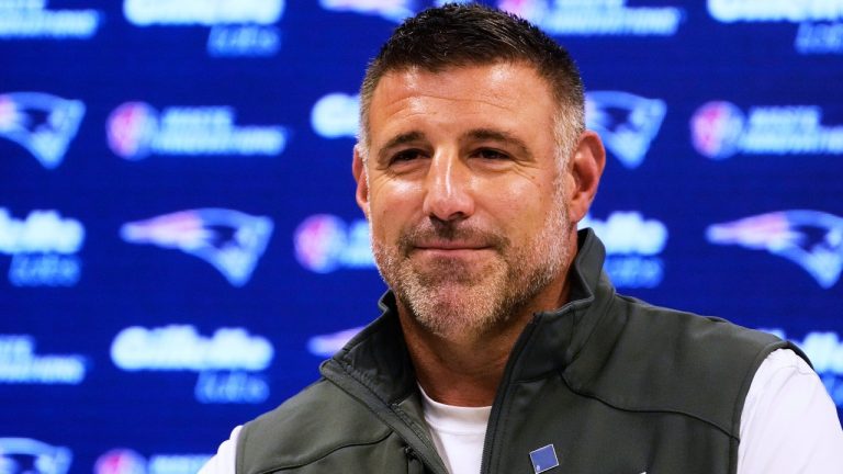 New England Patriots head coach Mike Vrabel smiles during a media availability prior to the NFL football team's rookie minicamp, Friday, May 9, 2025, in Foxborough, Mass. (Charles Krupa/AP)