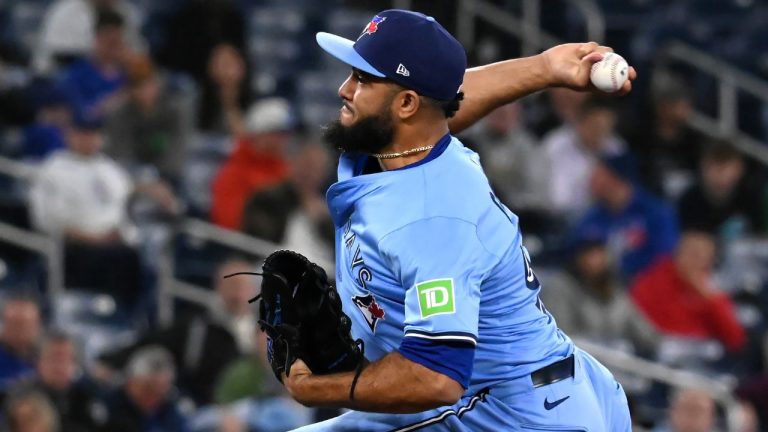 Toronto Blue Jays relief pitcher Yimi Garcia (93) throws to a Washington Nationals batter in eighth inning baseball action in Toronto, Wednesday, April 2, 2025. (Jon Blacker/CP)