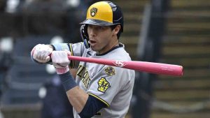 Milwaukee Brewers' Christian Yelich reacts on a checked swing during the first inning of a baseball game against the Tampa Bay Rays, Sunday, May 11, 2025, in Tampa, Fla. (Phelan M. Ebenhack/AP)