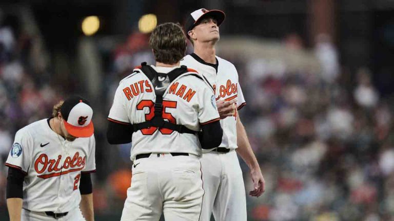 Baltimore Orioles starting pitcher Kyle Gibson, right, reacts during a pitching change in the fourth inning of a baseball game against the New York Yankees, Tuesday, April 29, 2025, in Baltimore. (Stephanie Scarbrough/AP)