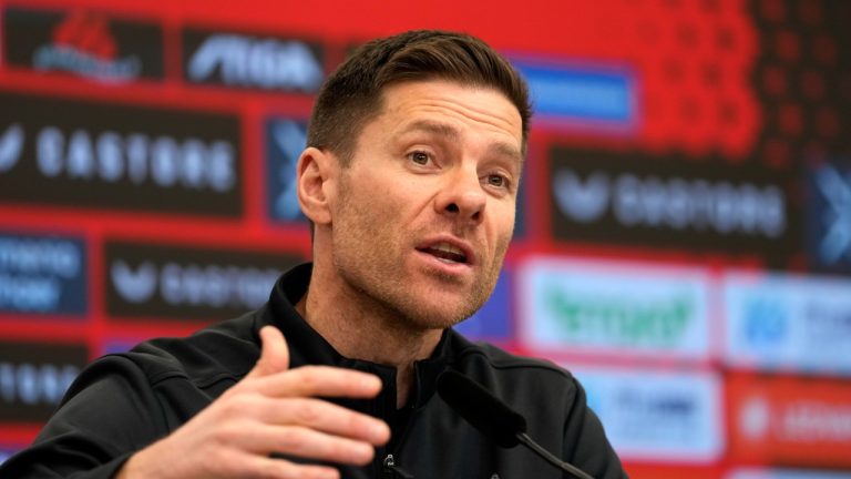 Xabi Alonso, then head coach with Leverkusen, speaks to the media during a press conference ahead of the Bundesliga soccer match between Bayer Leverkusen and Bayern Munich in Leverkusen, Germany, Friday, Feb. 14, 2025. (Martin Meissner/AP)