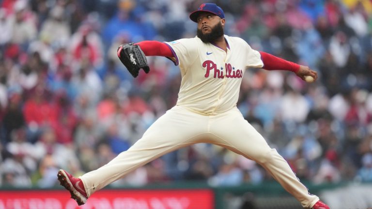 Philadelphia Phillies' José Alvarado pitches during the eighth inning in the first baseball game of a doubleheader against the St. Louis Cardinals Wednesday, May 14, 2025, in Philadelphia. (Matt Slocum/AP)