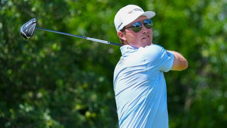 Ben Griffin hits off the ninth tee on the during the first round of the Charles Schwab Challenge golf tournament at Colonial Country Club in Fort Worth, Texas, Thursday, May 22, 2025. (LM Otero/AP)