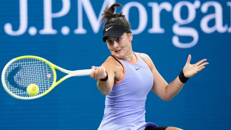 Canada's Bianca Andreescu returns a shot to Italy's Jasmine Paolini during a first-round match of the U.S. Open tennis championships, Tuesday, Aug. 27, 2024, in New York. (Frank Franklin II/AP)