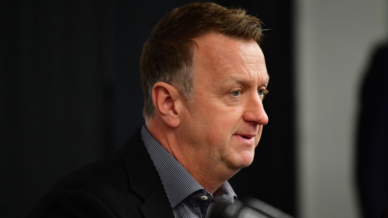 os Angeles Kings general manager Rob Blake speaks with media naming Jim Hiller as head coach at Toyota Sports Performance Center on May 23, 2024 in El Segundo, California. (Gary A. Vasquez/NHLI via Getty Images)