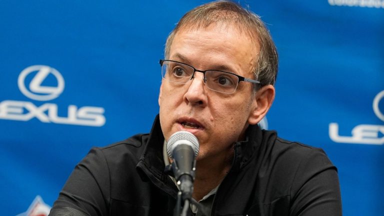 Colorado Avalanche general manager Chris MacFarland speaks during a news conference at the NHL hockey team's training headquarters Thursday, May 23, 2024, in Centennial, Colo. (David Zalubowski/AP)
