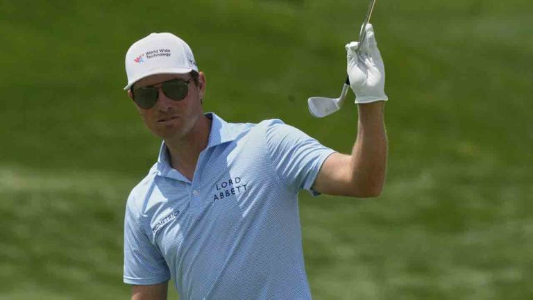 Ben Griffin reacts after sinking his shot on the 18th green during the first round of the Memorial golf tournament Thursday, May 29, 2025, in Dublin, Ohio. (Sue Ogrocki/AP)