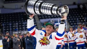 Moncton Wildcats star Caleb Desnoyers celebrates after winning the QMJHL championship. (Vincent Éthier/QMJHL)