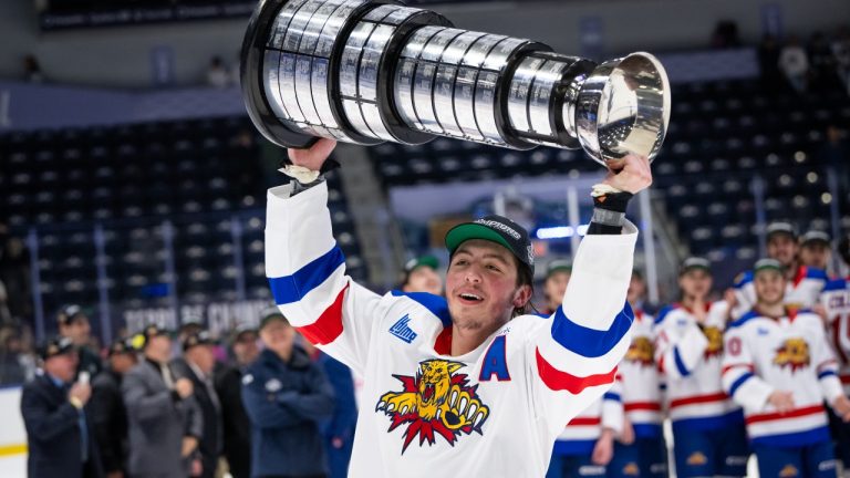 Moncton Wildcats star Caleb Desnoyers celebrates after winning the QMJHL championship. (Vincent Éthier/QMJHL)
