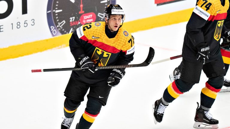 Germany's Dominik Kahum celebrates scoring during the group B IIHF Ice Hockey World Championships match between Germany and Hungary in Herning, Denmark, Saturday May 10, 2025. (Henning Bagger/Ritzau Scanpix via AP)