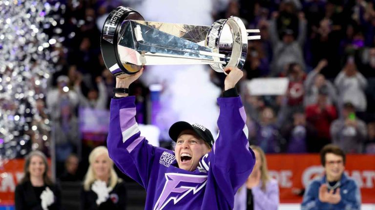 Minnesota Frost forward Kendall Coyne Schofield celebrates with the Walter Cup after her team won the PWHL hockey finals against the Ottawa Charge. (Ellen Schmidt/AP)