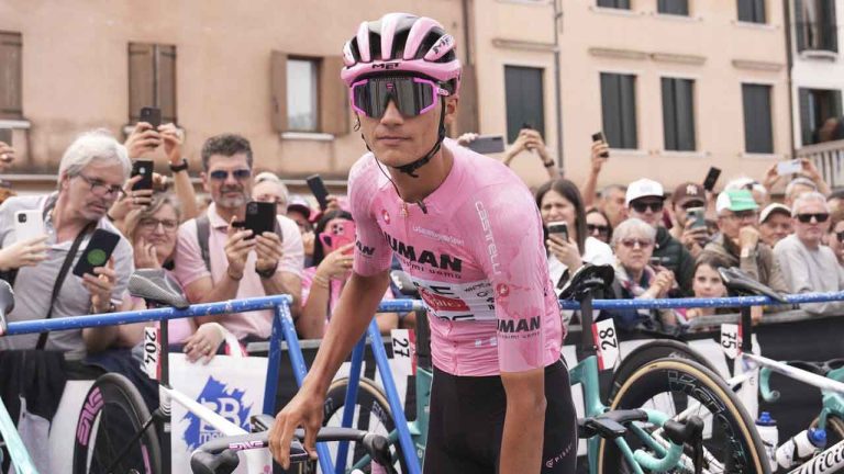 Mexican cyclist Isaac Del Toro Romero wears the pink jersey at the start of stage 14 of the Giro d'Italia cycling race. (Massimo Paolone/AP)