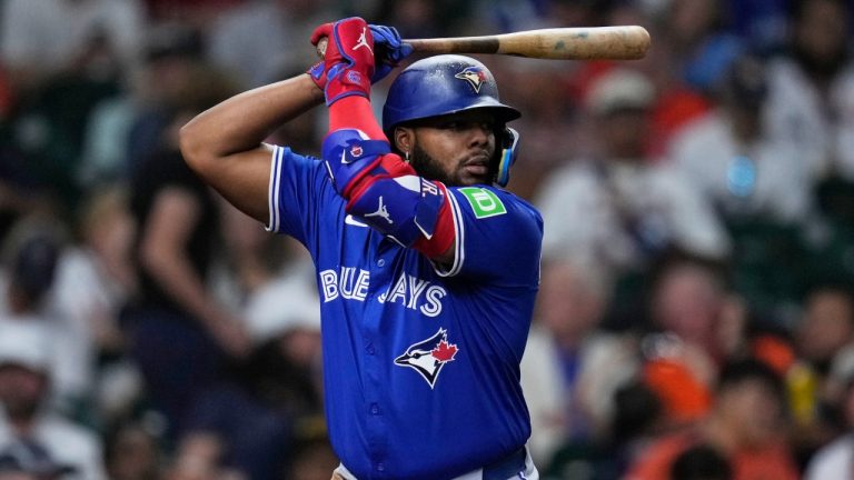 Toronto Blue Jays' Vladimir Guerrero Jr. bats against the Houston Astros during the fourth inning of a baseball game Monday, April 21, 2025, in Houston. (Eric Christian Smith/AP)