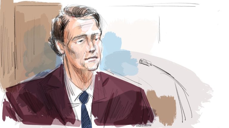 Carter Hart testifies in the courthouse in London, Ont. on Thursday, May 29, 2025. (Alexandra Newbould)
