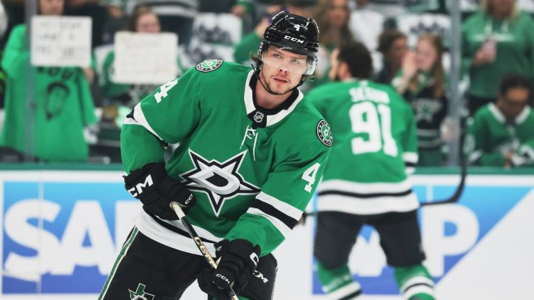 Dallas Stars defenceman Miro Heiskanen warms up before Game 4 of a second-round NHL hockey playoff series against the Winnipeg Jets in Dallas, Tuesday, May 13, 2025. (Gareth Patterson/AP)