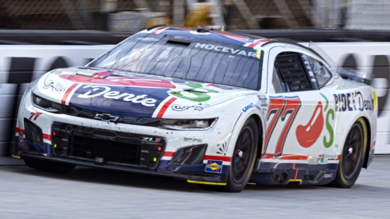 Carson Hocevar (77) goes down the back stretch during a NASCAR Cup Series auto race, Sunday, April 13, 2025, in Bristol, Tenn. (Wade Payne/AP)