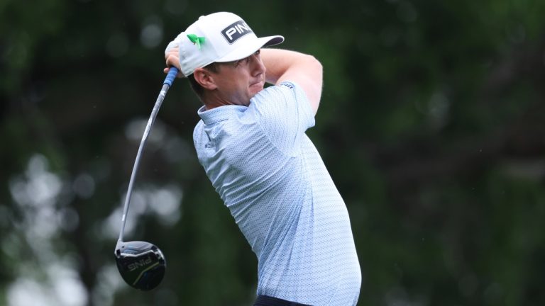 Mackenzie Huhges hits off the ninth tee during the first round of the CJ Cup Byron Nelson golf tournament in McKinney, Texas, Thursday, May 1, 2025. (Gareth Patterson/AP Photo)