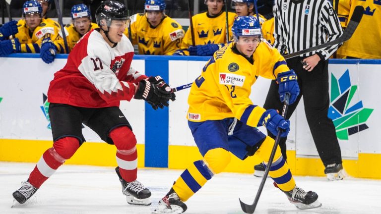 Sweden's Ludvig Jansson (12) and Austria's Senna Peeters (17) battle for the puck during third period IIHF World Junior Hockey Championship action in Edmonton on Friday August 12, 2022. (Jason Franson/CP)