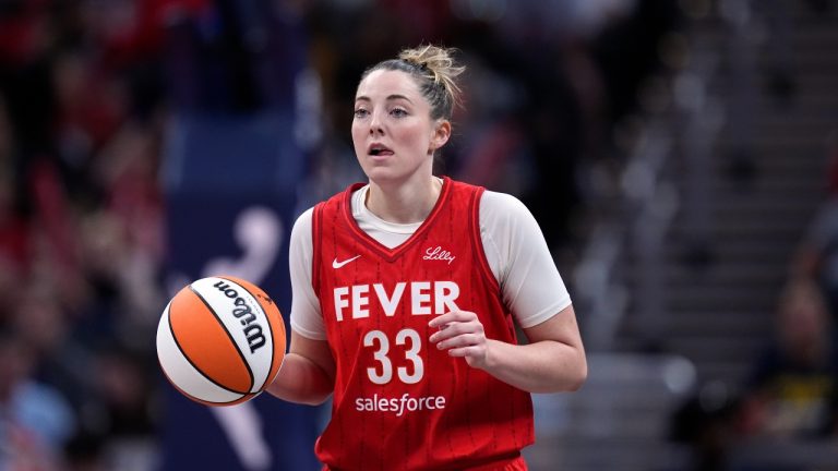 Indiana Fever's Katie Lou Samuelson dribbles during the second half of a WNBA basketball game against the New York Liberty, Saturday, July 6, 2024, in Indianapolis. (Darron Cummings/AP)